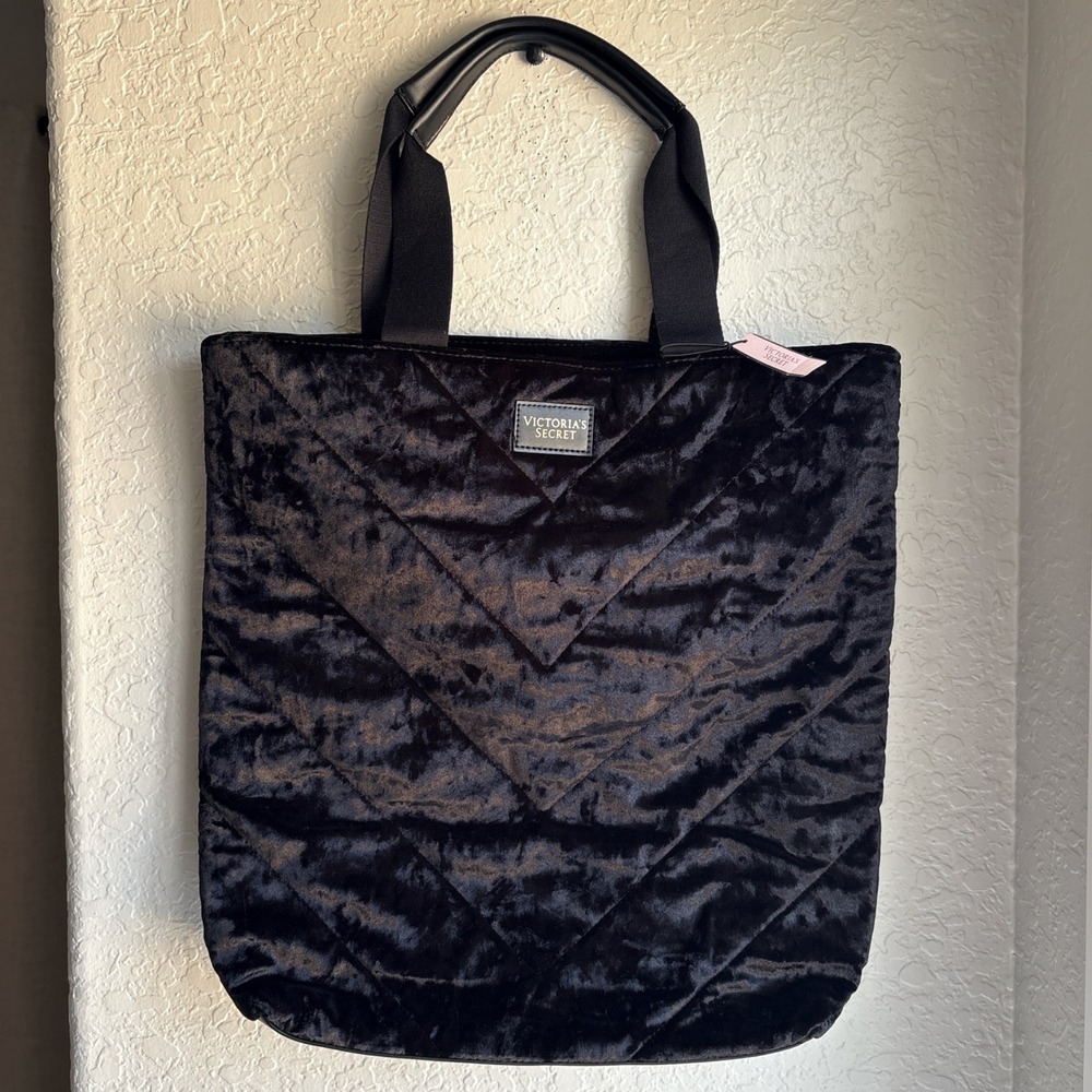 Victoria's Secret Quilted Black Velvet OS Tote Bag Chevron Faux Leather New